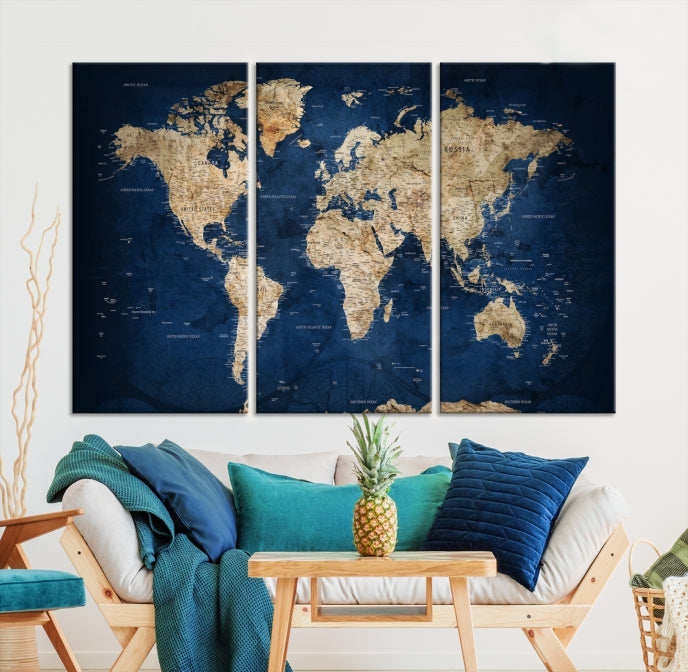 Make a Bold Statement with Our Large, Detailed Modern Blue Style World Map Canvas Print Wall ArtA Unique Decor Piece