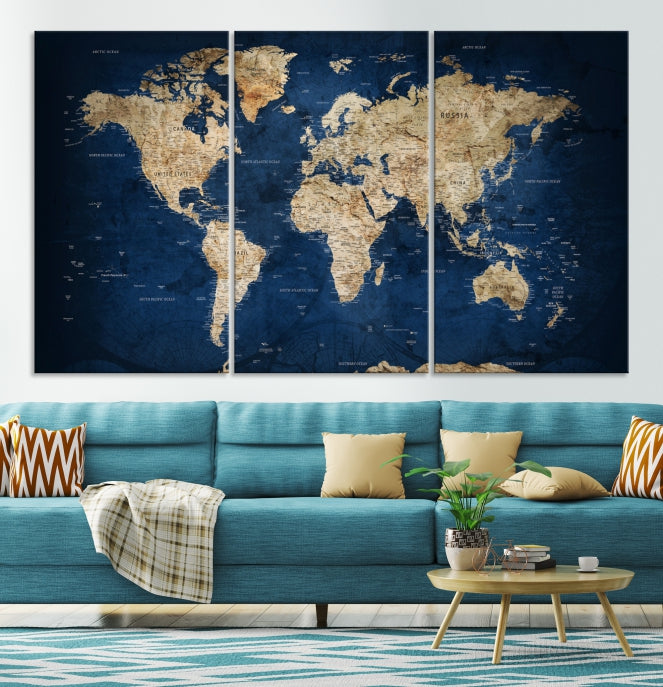 Make a Bold Statement with Our Large, Detailed Modern Blue Style World Map Canvas Print Wall ArtA Unique Decor Piece