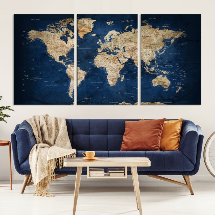 Make a Bold Statement with Our Large, Detailed Modern Blue Style World Map Canvas Print Wall ArtA Unique Decor Piece