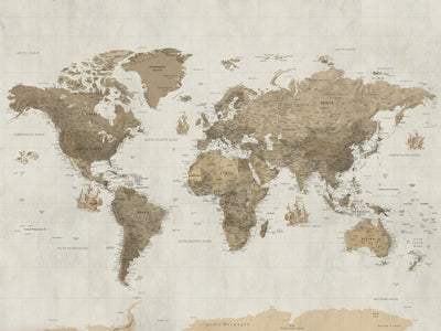 Custom Beige Geometric World Map Canvas with Push Pins, Honeymoon and Anniversary Gift, Dining Room and Hallway Decor