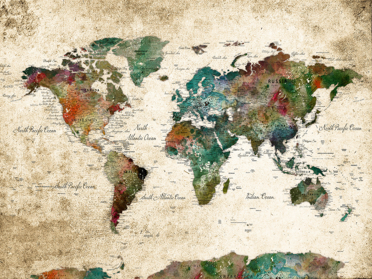 Personalized Beige Grunge World Map Canvas with Push Pins, Next Trip Planner Map, Family Room and Home Office Decor