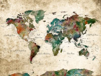Personalized Beige Grunge World Map Canvas with Push Pins, Next Trip Planner Map, Family Room and Home Office Decor