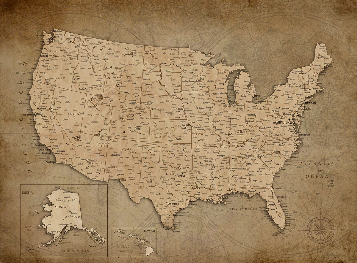 Personalized Beige Push Pin United States Map Wall Art, States Visited Map, Living Room Decor