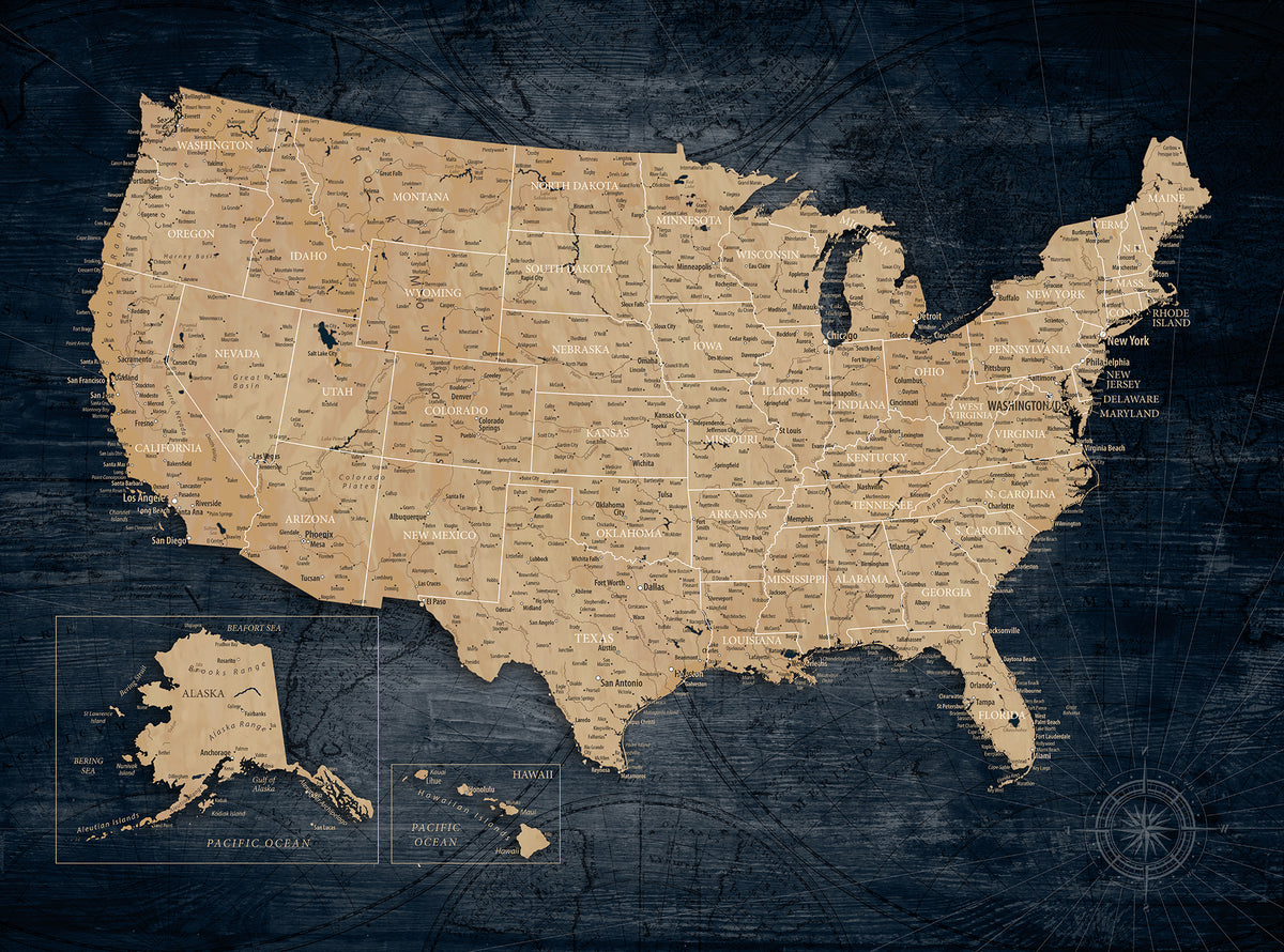 Custom Navy Push Pin USA Map Wall Art, National Park and RV Travel Map, Living Room and Entryway Decor