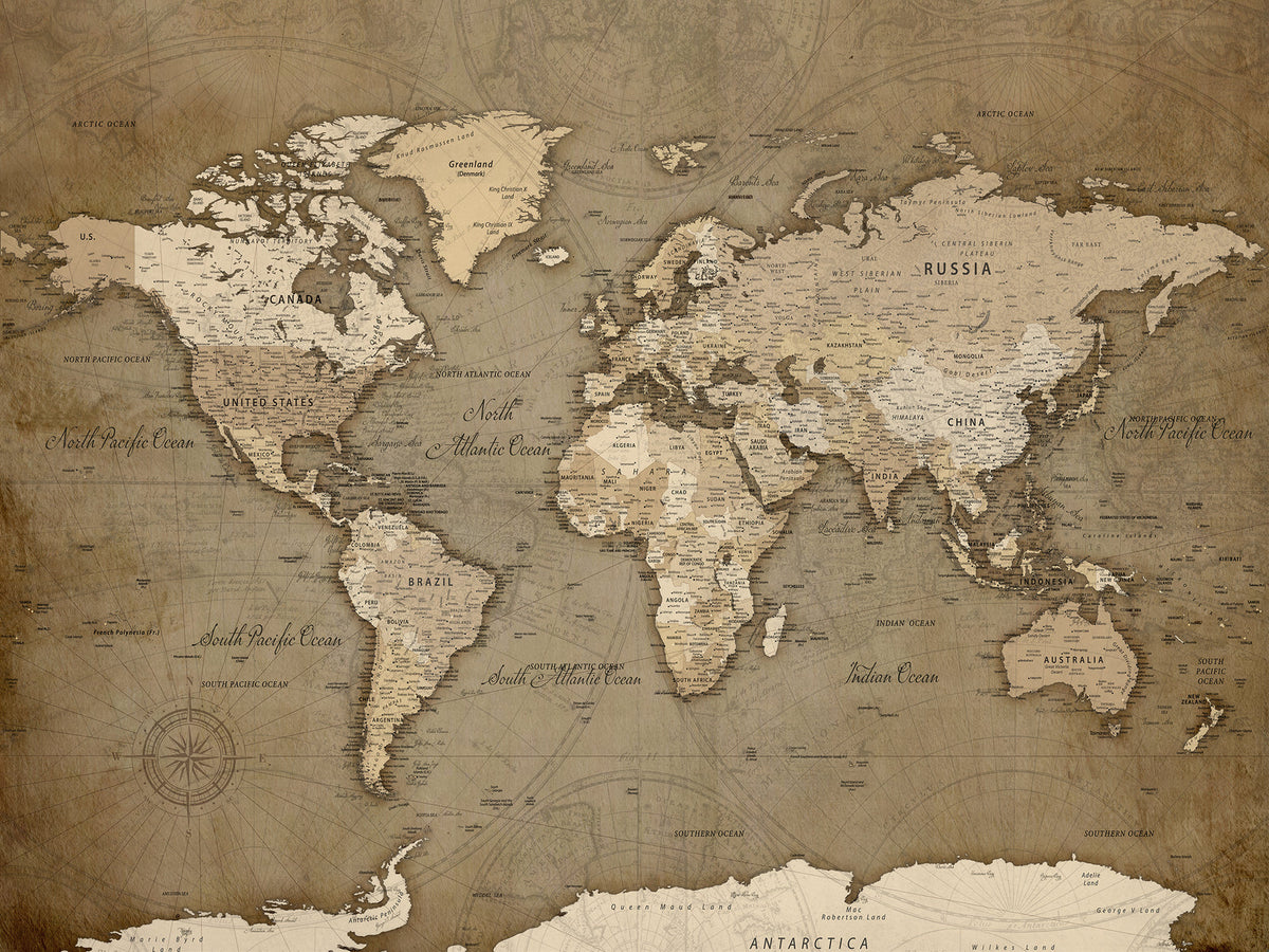 Custom Beige Modern Push Pin World Map Canvas Print, Family Travel Tracker, Dining Room and Home Office Decor