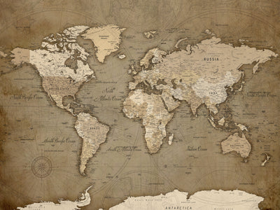 Custom Beige Modern Push Pin World Map Canvas Print, Family Travel Tracker, Dining Room and Home Office Decor