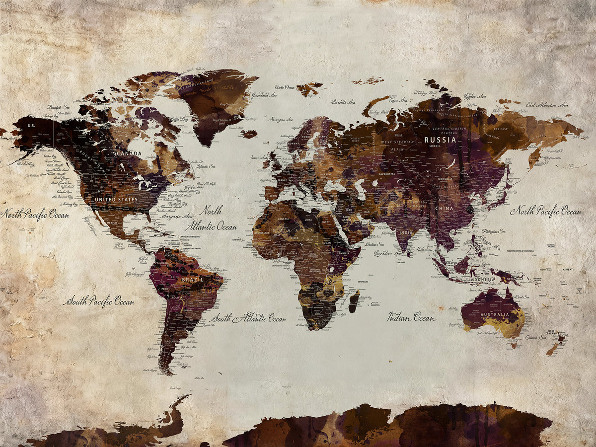 Custom Beige World Travel Map Wall Art with Pins, Places Visited Tracker, Family Room and Entryway Decor