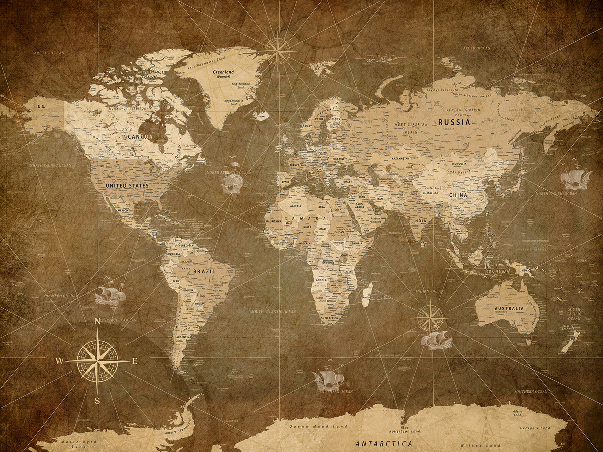 Personalized Vintage Push Pin World Map Wall Art, Bucket List Map, Living Room and Study Decor