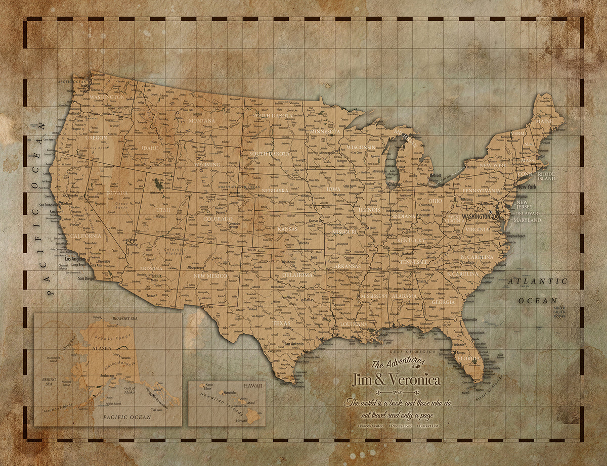 Personalized Beige Push Pin United States Map Canvas Print, 50 State Bucket List Map, Bedroom Decor