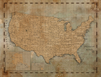 Personalized Beige Push Pin United States Map Canvas Print, 50 State Bucket List Map, Bedroom Decor