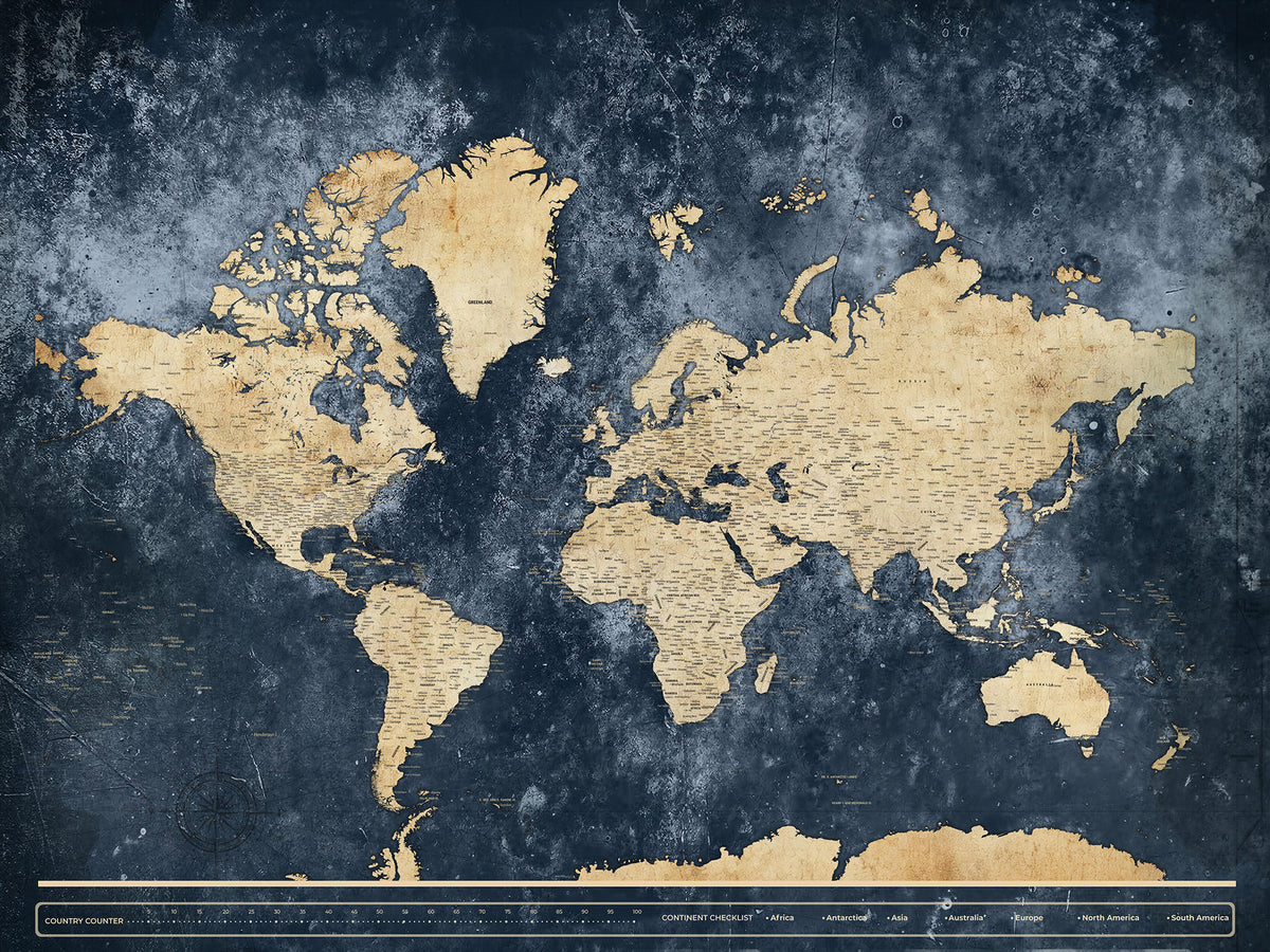 Personalized Framed Blue World Map Canvas with Push Pins, Bucket List Map, Family Room and Study Decor