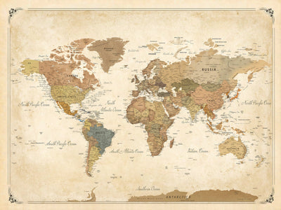 Custom Cream Vintage Push Pin Travel Map Canvas Print, Couples Countries Visited Map, Dining Room and Entryway Decor