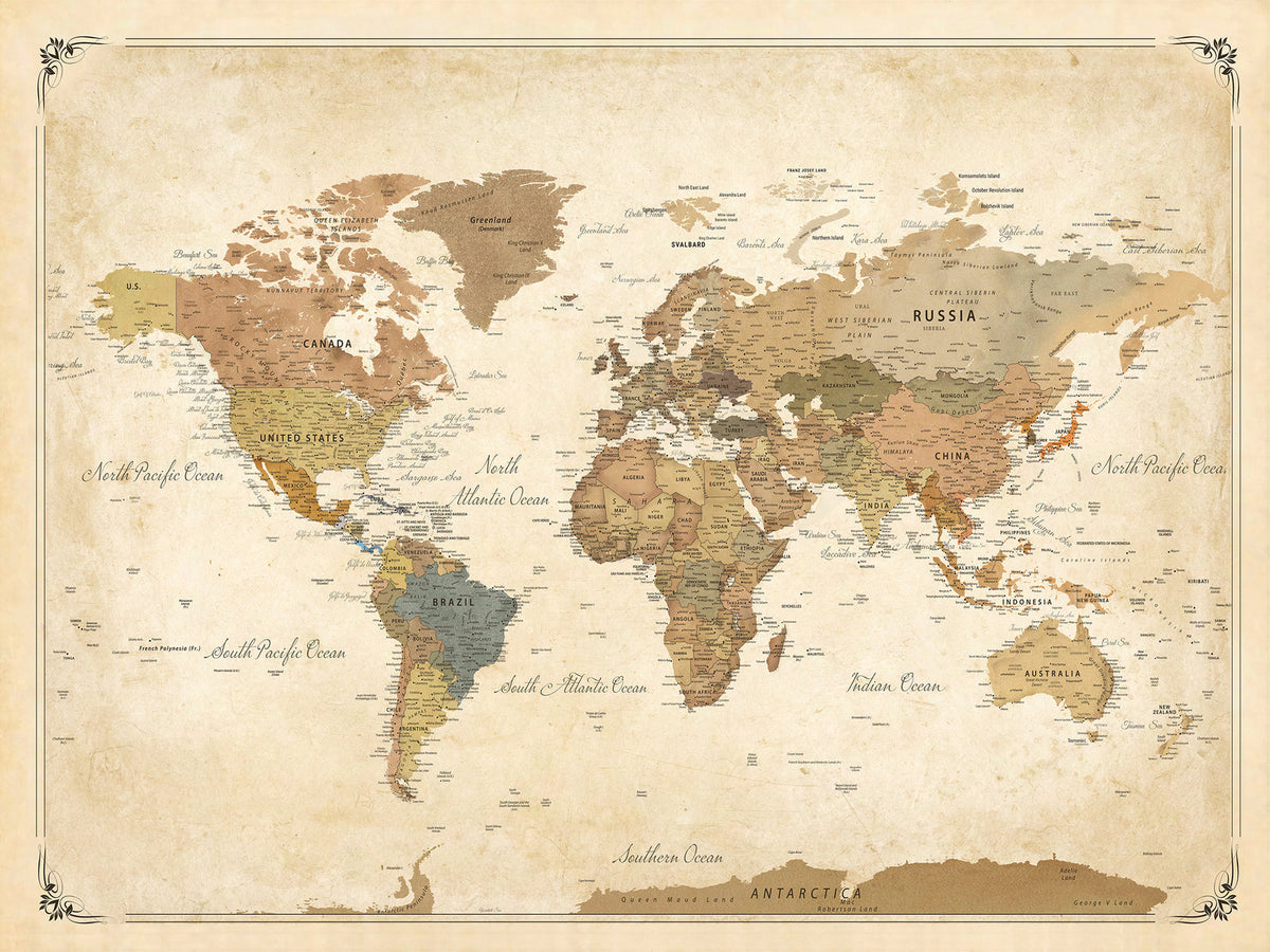 Personalized Framed Blue Push Pin World Map Wall Art, Bucket List Map, Dining Room and Study Decor