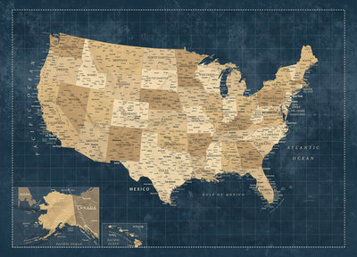 Custom Cream Push Pin USA Map Canvas Print, 50 State Bucket List Map, Family Room and Hallway Decor