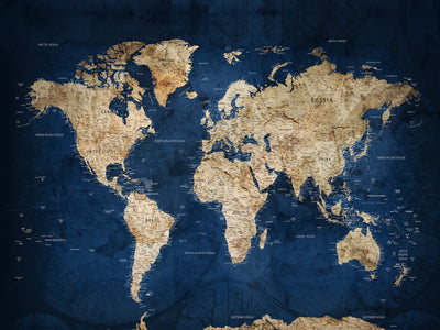 Custom Navy World Map Canvas with Push Pins, Family Travel Tracker, Living Room and Family Room Decor