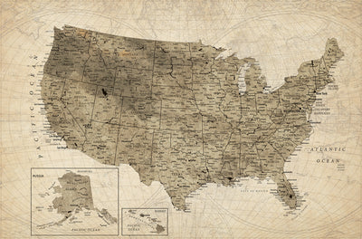 Personalized Beige USA Travel Map Canvas with Push Pins, Road Trip Route Map, Study and Entryway Decor