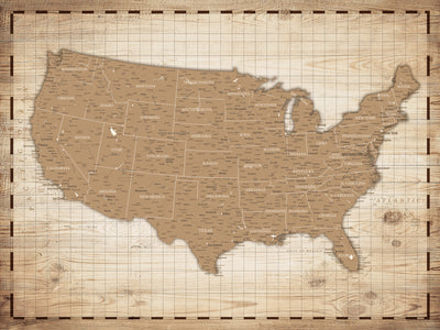 Personalized Beige Push Pin USA Map Canvas Print, 50 States Road Trip Tracker, Living Room and Entryway Decor
