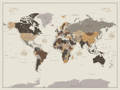 Custom Beige Modern Push Pin World Map Canvas Print, Places Visited Tracker, Bedroom and Study Decor