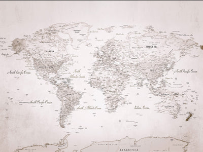 Personalized Beige Vintage World Travel Map Wall Art with Pins, Honeymoon and Anniversary Gift, Entryway and Hallway Decor