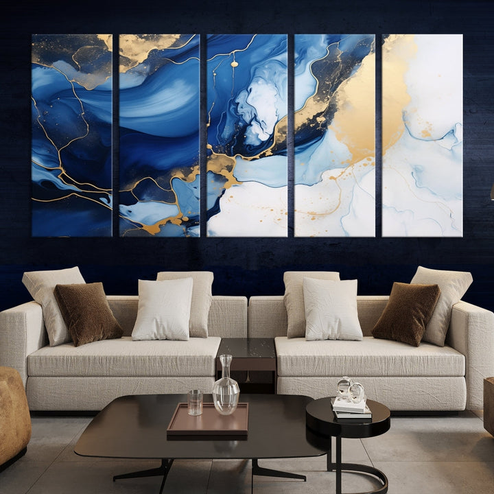 Marble Blue Painting Vibrant Gold Abstract Wall Art Canvas Print