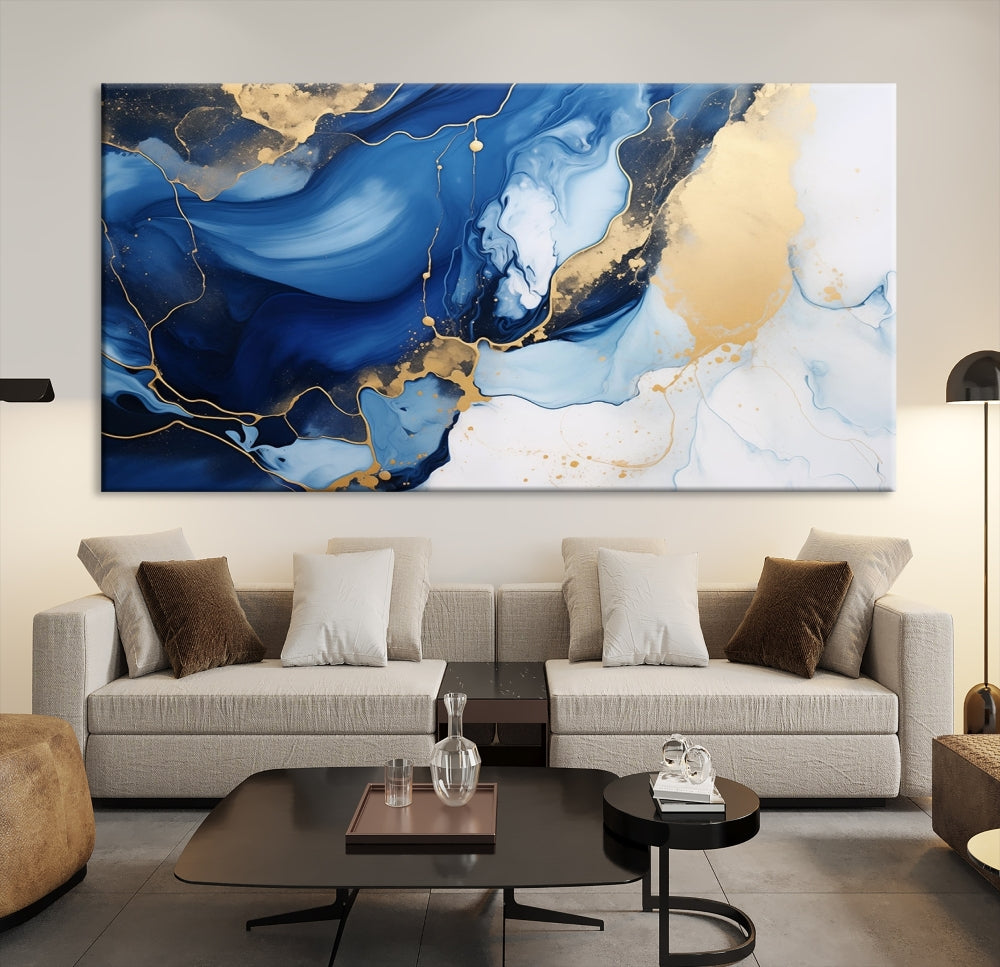 Marble Blue Painting Vibrant Gold Abstract Wall Art Canvas Print