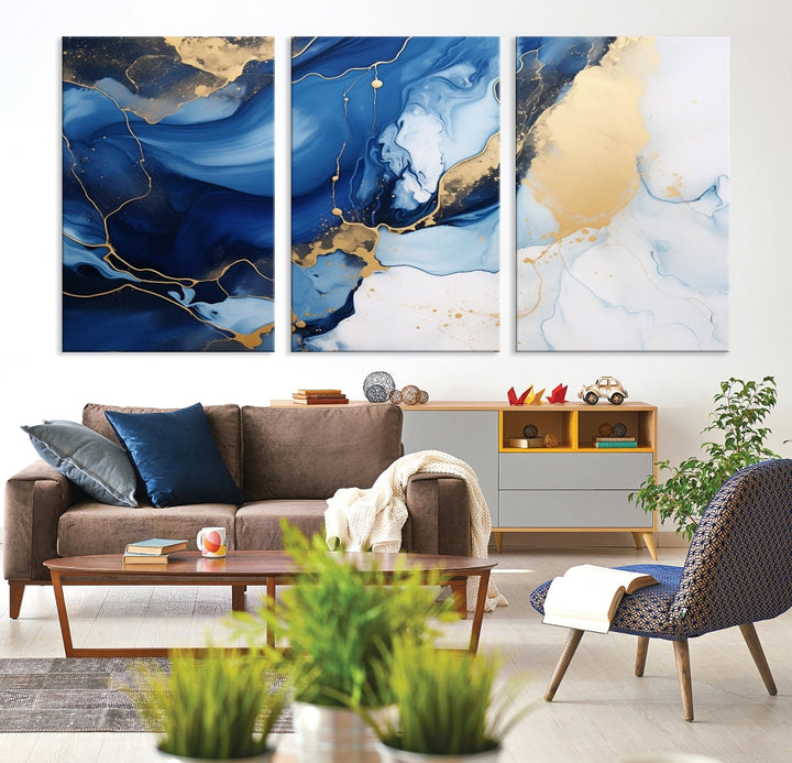 Marble Blue Painting Vibrant Gold Abstract Wall Art Canvas Print