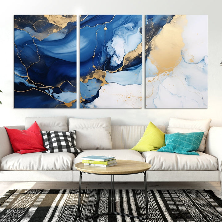 Marble Blue Painting Vibrant Gold Abstract Wall Art Canvas Print