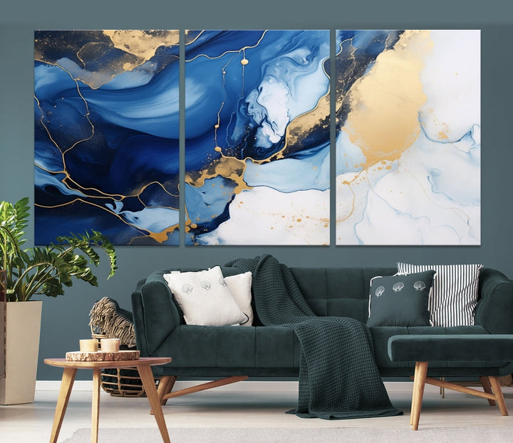 Marble Blue Painting Vibrant Gold Abstract Wall Art Canvas Print