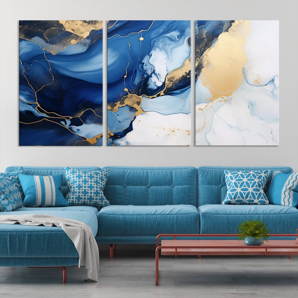 Marble Blue Painting Vibrant Gold Abstract Wall Art Canvas Print