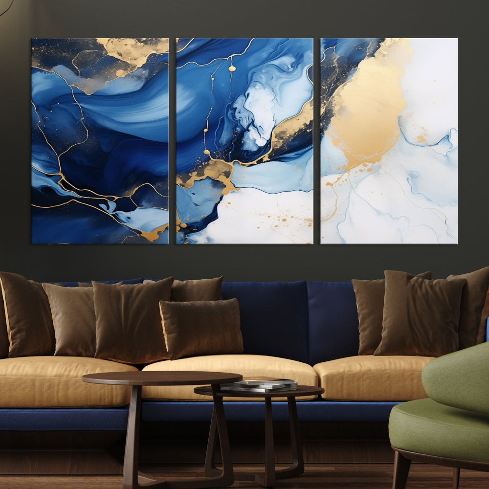 Marble Blue Painting Vibrant Gold Abstract Wall Art Canvas Print