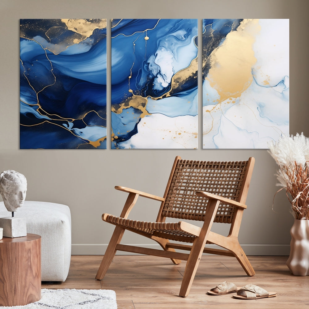 Marble Blue Painting Vibrant Gold Abstract Wall Art Canvas Print