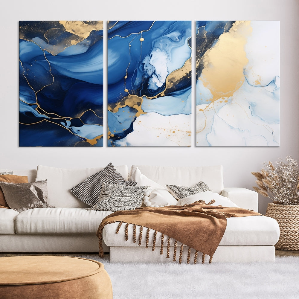 Marble Blue Painting Vibrant Gold Abstract Wall Art Canvas Print