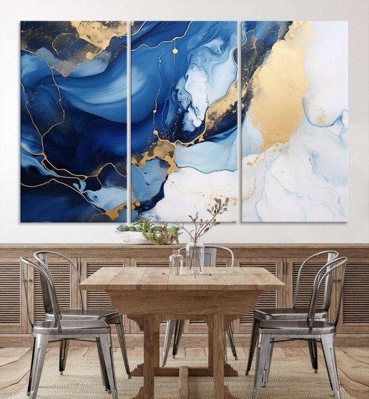 Marble Blue Painting Vibrant Gold Abstract Wall Art Canvas Print