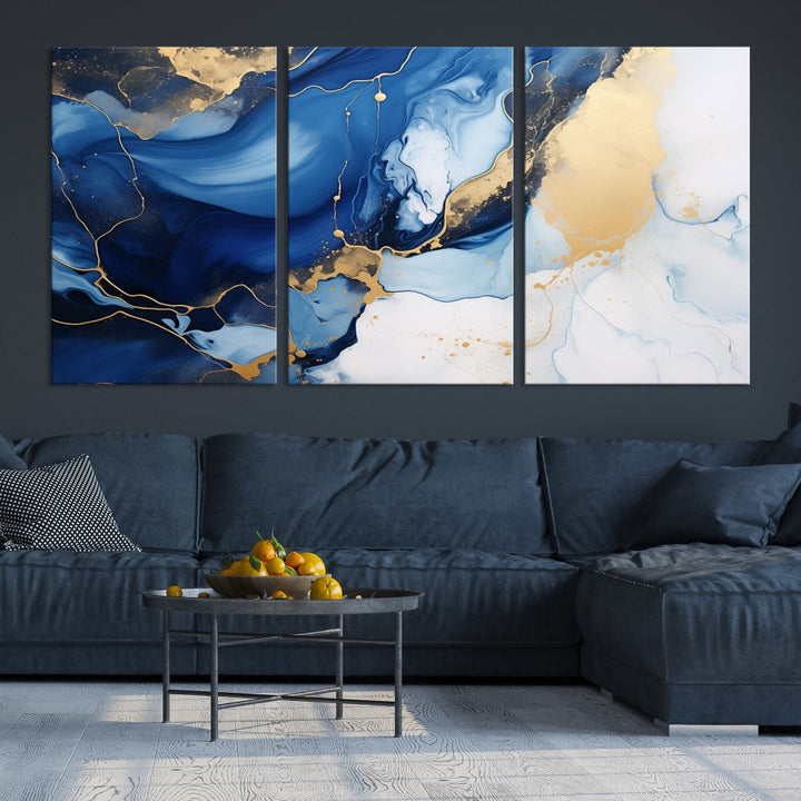 Marble Blue Painting Vibrant Gold Abstract Wall Art Canvas Print