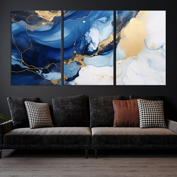 Marble Blue Painting Vibrant Gold Abstract Wall Art Canvas Print