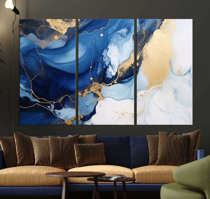 Marble Blue Painting Vibrant Gold Abstract Wall Art Canvas Print