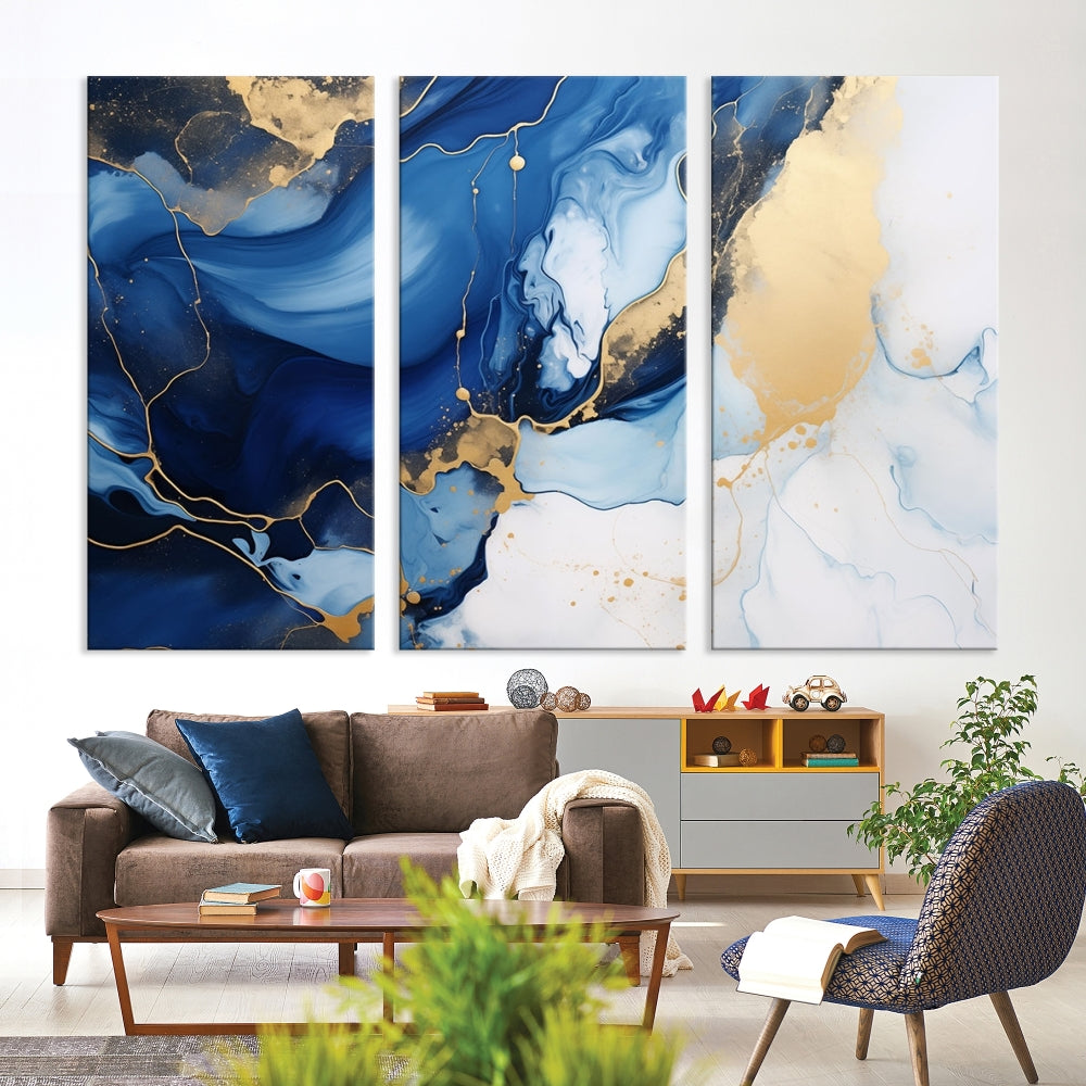 Marble Blue Painting Vibrant Gold Abstract Wall Art Canvas Print