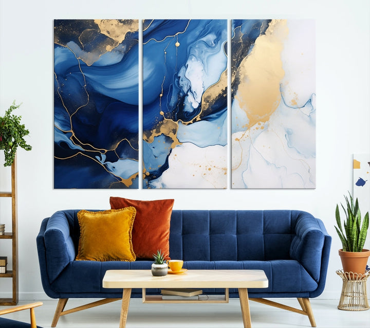 Marble Blue Painting Vibrant Gold Abstract Wall Art Canvas Print