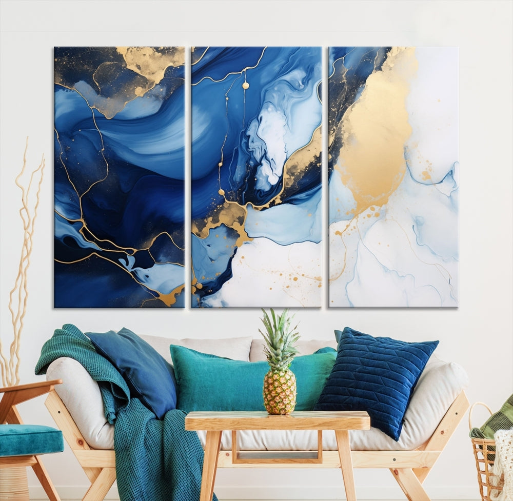 Marble Blue Painting Vibrant Gold Abstract Wall Art Canvas Print