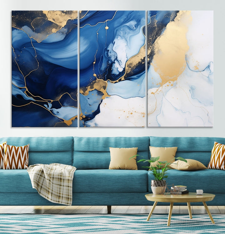 Marble Blue Painting Vibrant Gold Abstract Wall Art Canvas Print