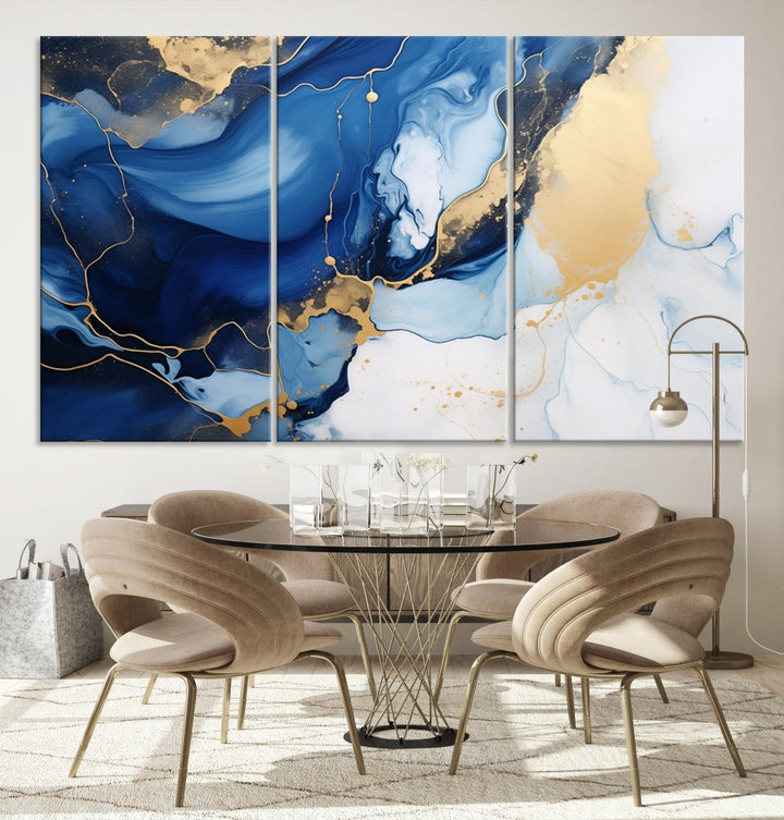 Marble Blue Painting Vibrant Gold Abstract Wall Art Canvas Print