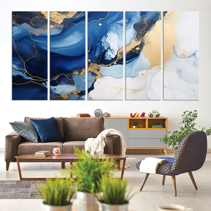 Marble Blue Painting Vibrant Gold Abstract Wall Art Canvas Print