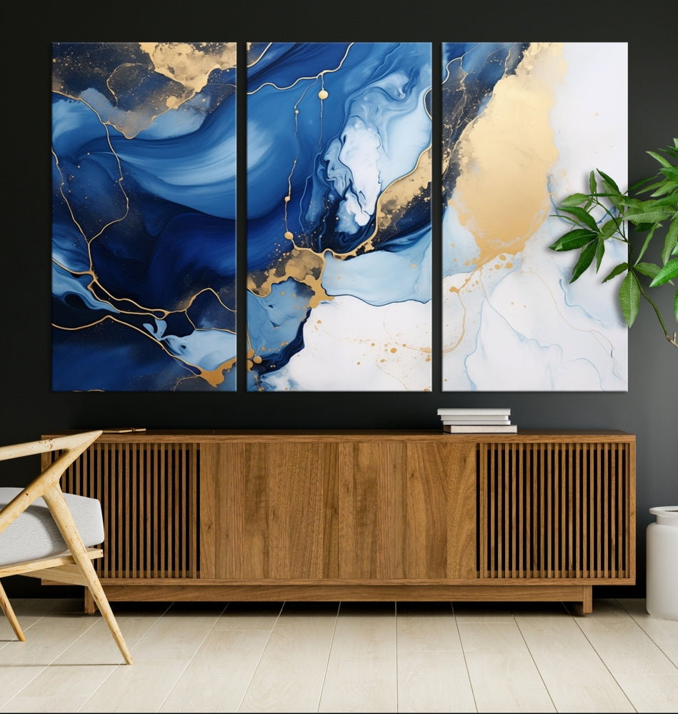 Marble Blue Painting Vibrant Gold Abstract Wall Art Canvas Print