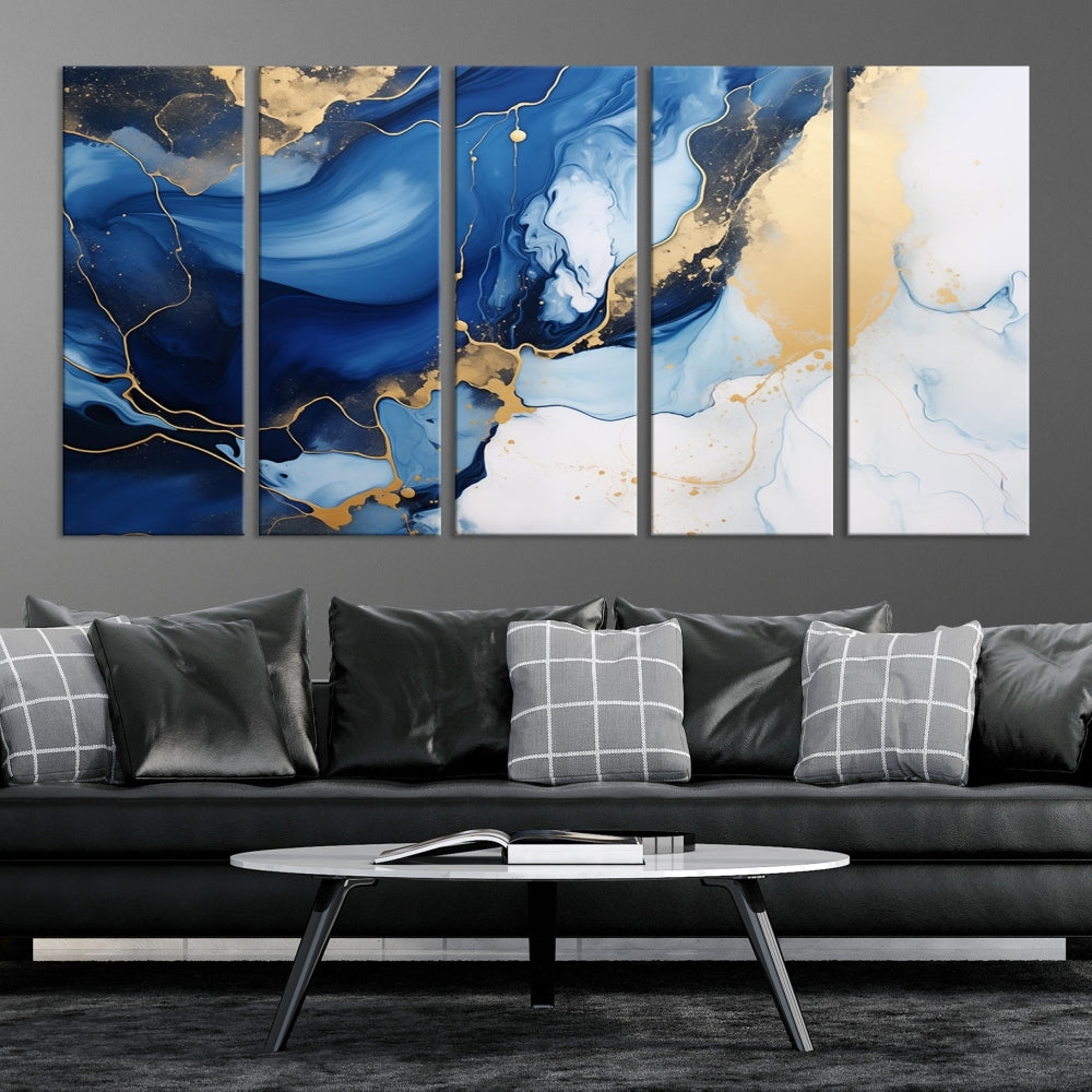 Marble Blue Painting Vibrant Gold Abstract Wall Art Canvas Print