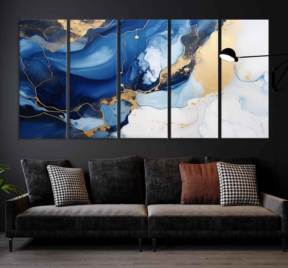 Marble Blue Painting Vibrant Gold Abstract Wall Art Canvas Print