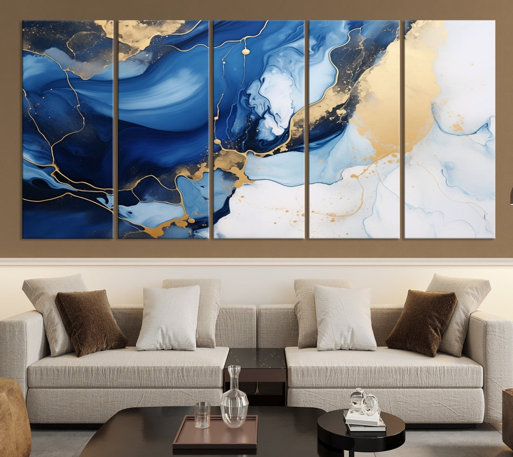 Marble Blue Painting Vibrant Gold Abstract Wall Art Canvas Print