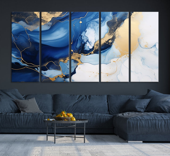 Marble Blue Painting Vibrant Gold Abstract Wall Art Canvas Print