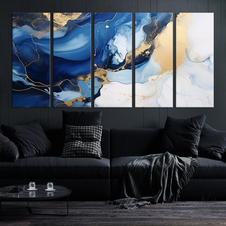 Marble Blue Painting Vibrant Gold Abstract Wall Art Canvas Print