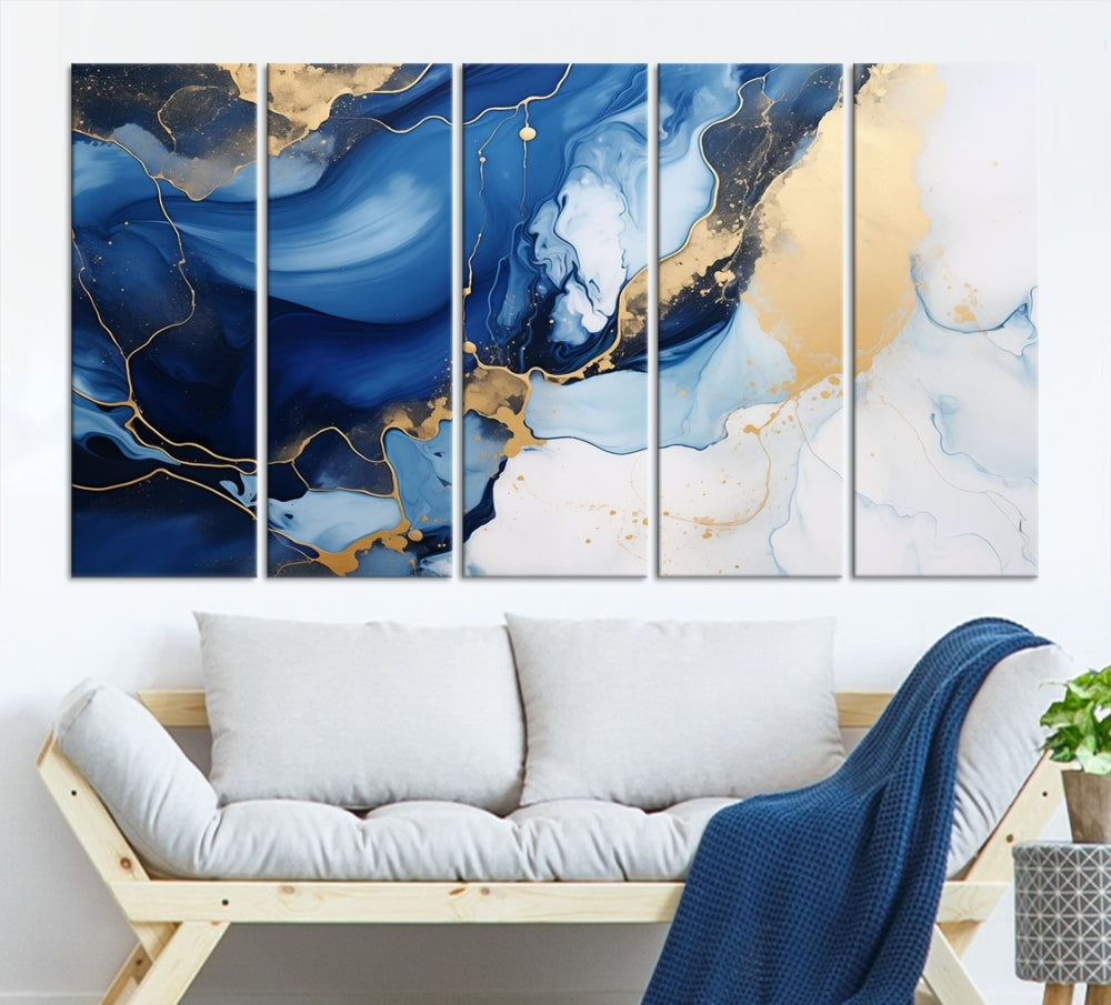 Marble Blue Painting Vibrant Gold Abstract Wall Art Canvas Print