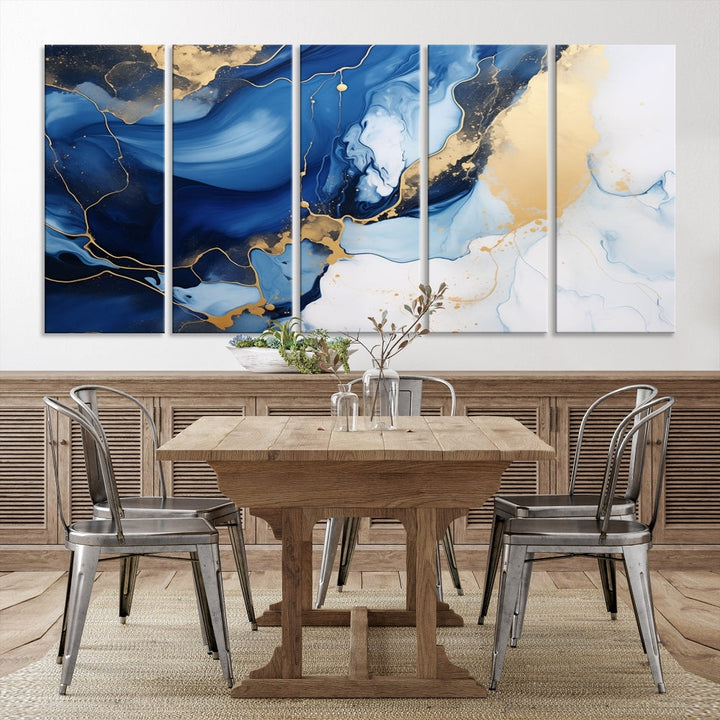 Marble Blue Painting Vibrant Gold Abstract Wall Art Canvas Print